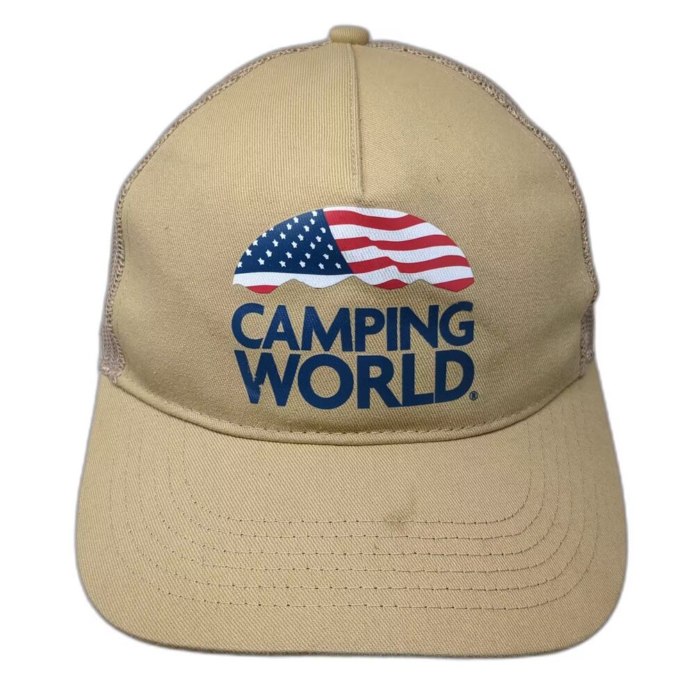 Camping World Trucker Hat Beige Blue OS American Flag Mesh Adjustable Snapback
